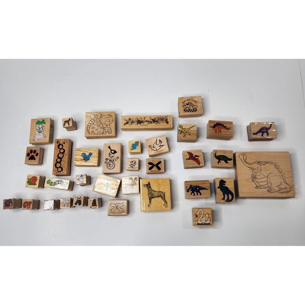 Lot of 35 Mixture Brands Wood Rubber Stamps Dinosaur Birds Animals Bugs Stampin